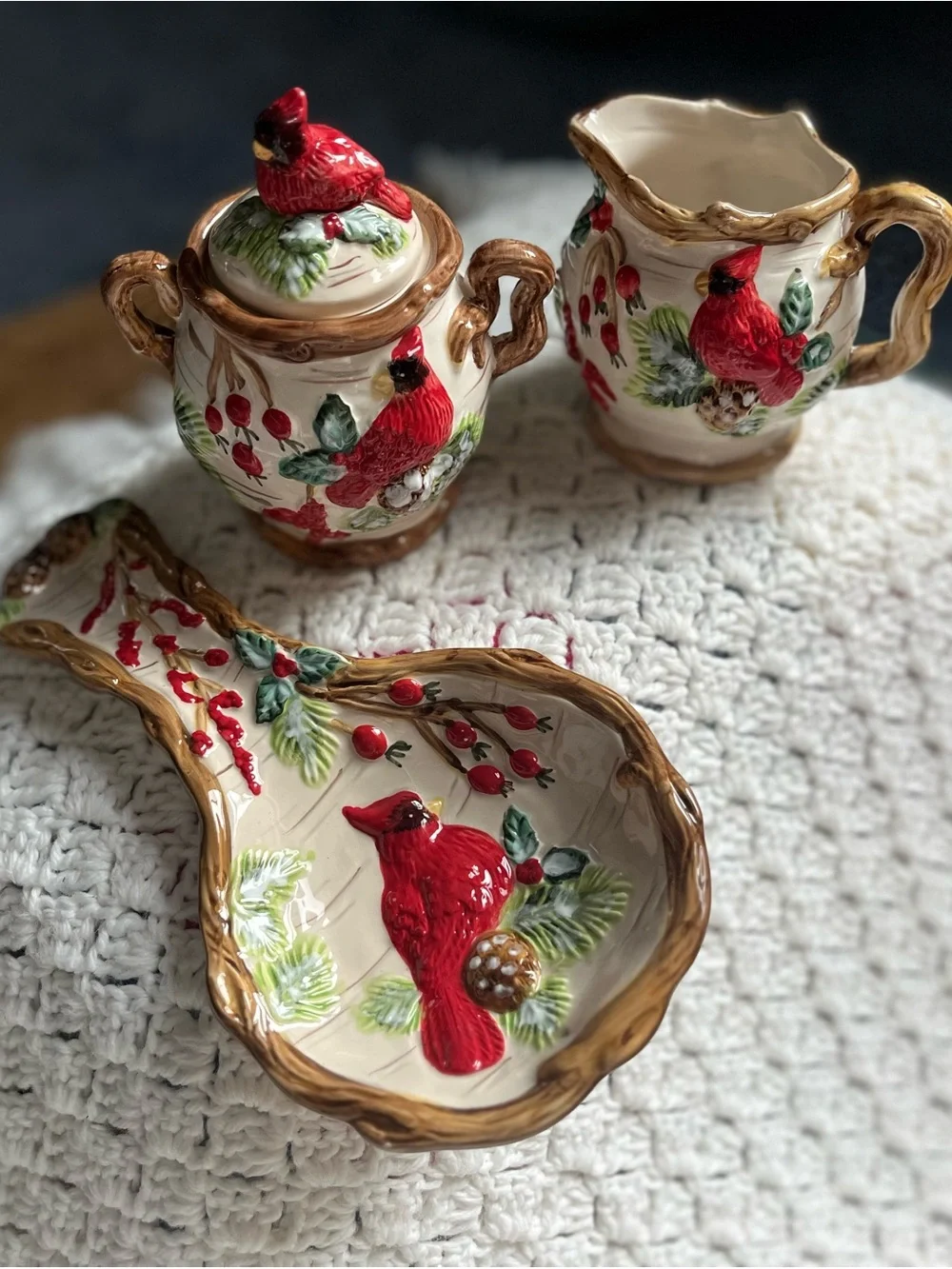 Christmas Traditions Red Cardinal Bird Sugar Bowl, Creamer Set and Spoon Rest